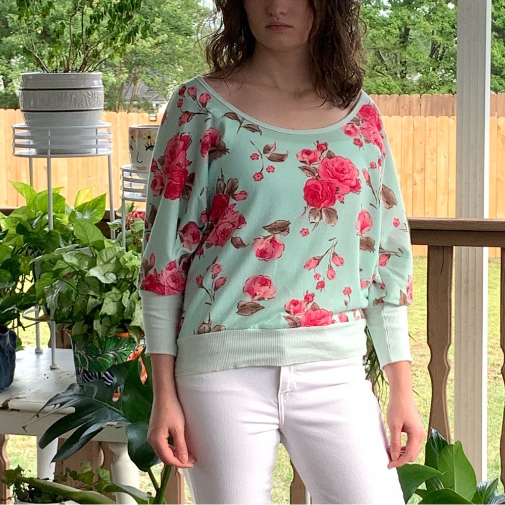 Sea Foam Green & Roses Lightweight Knit Top - Picture 2 of 8